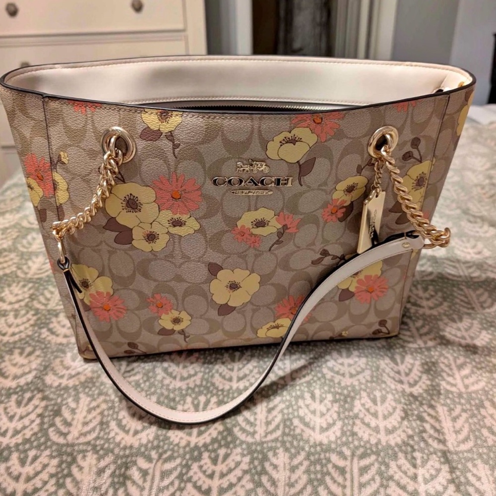 Coach Tan and Yellow Floral Tote Bag